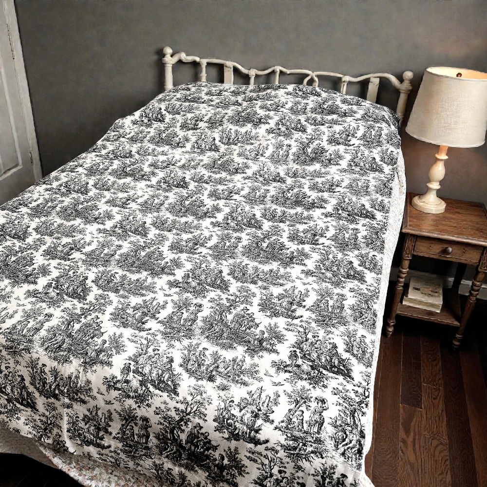 French Toile Fabric Curtain Panel Black & White Pastoral Rod Pocket 82 X 104